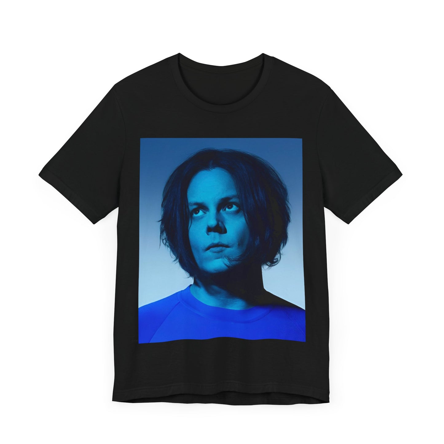 A black graphic t-shirt featuring a portrait photo of Jack White from The White Stripes.