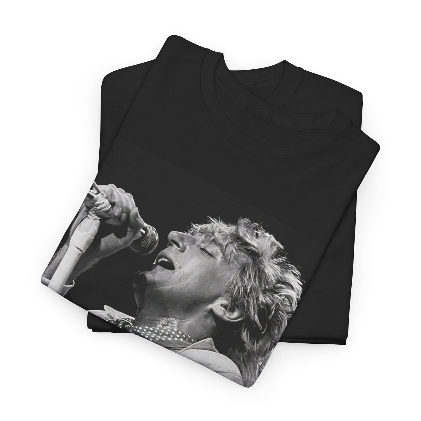 A black graphic t-shirt featuring an 80s black and white monochrome graphic or photo of Rod Stewart.