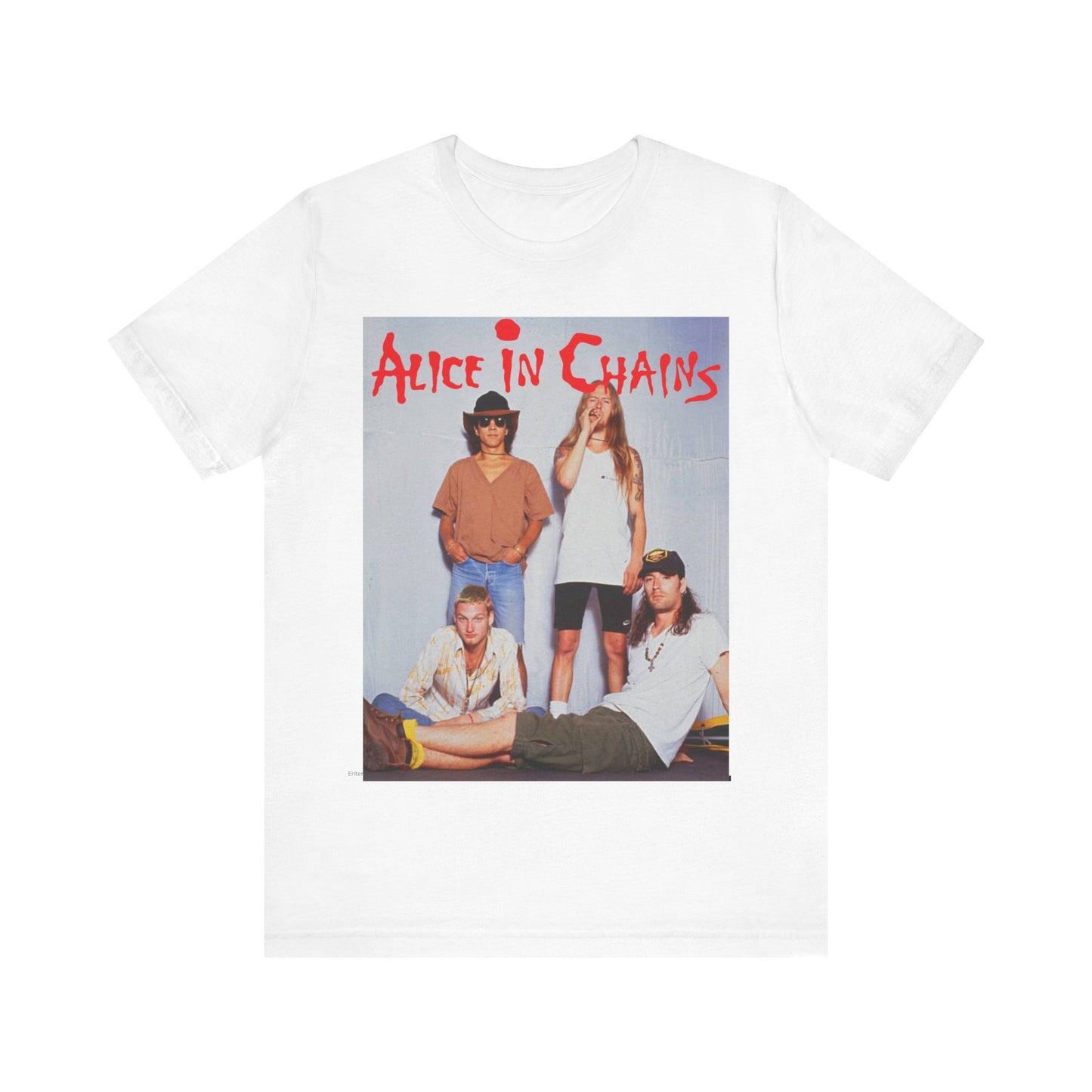 A black graphic t-shirt featuring a band graphic of Alice In Chains from 1990, capturing their early grunge aesthetic.