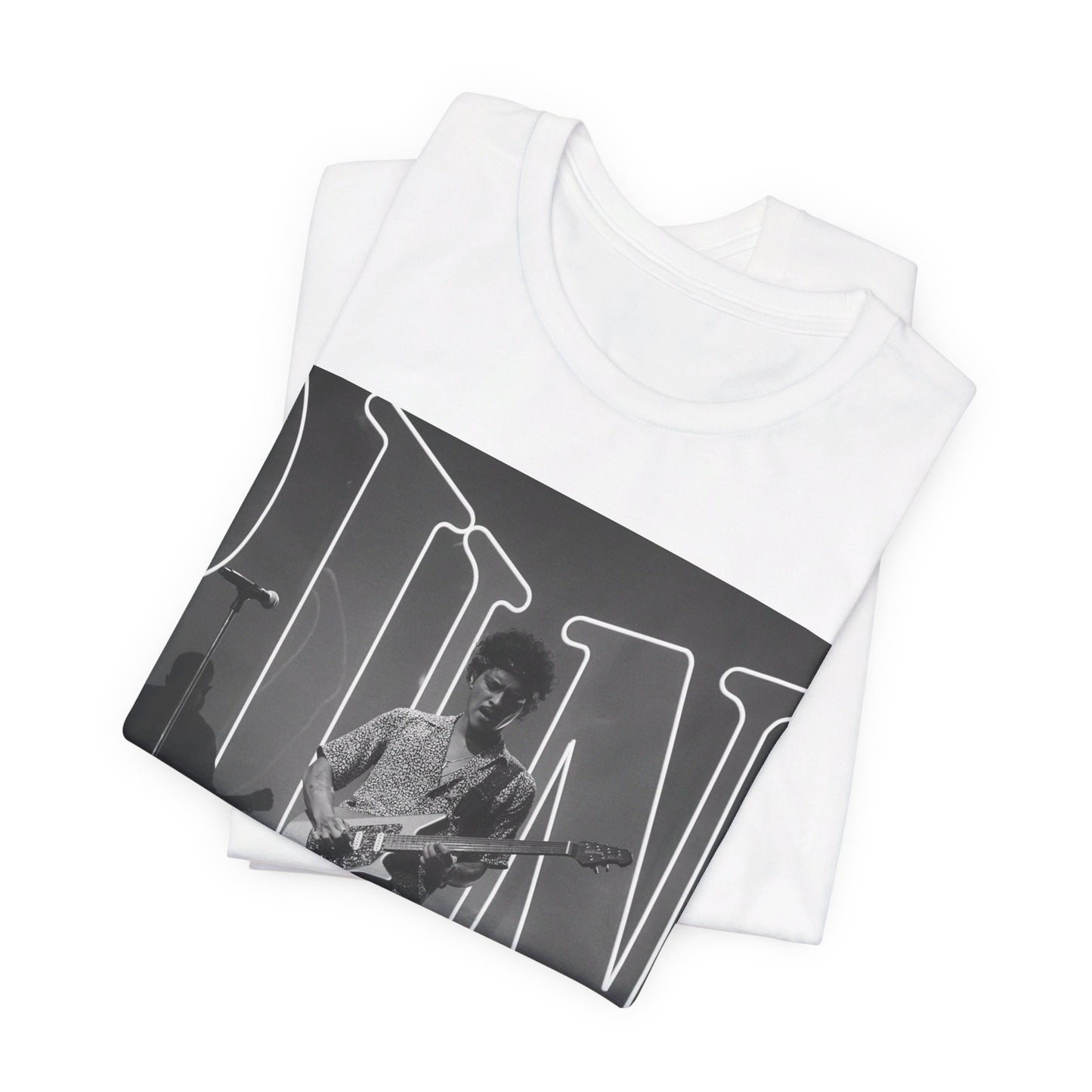 A black graphic t-shirt featuring a black and white photo of Bruno Mars performing live on stage.