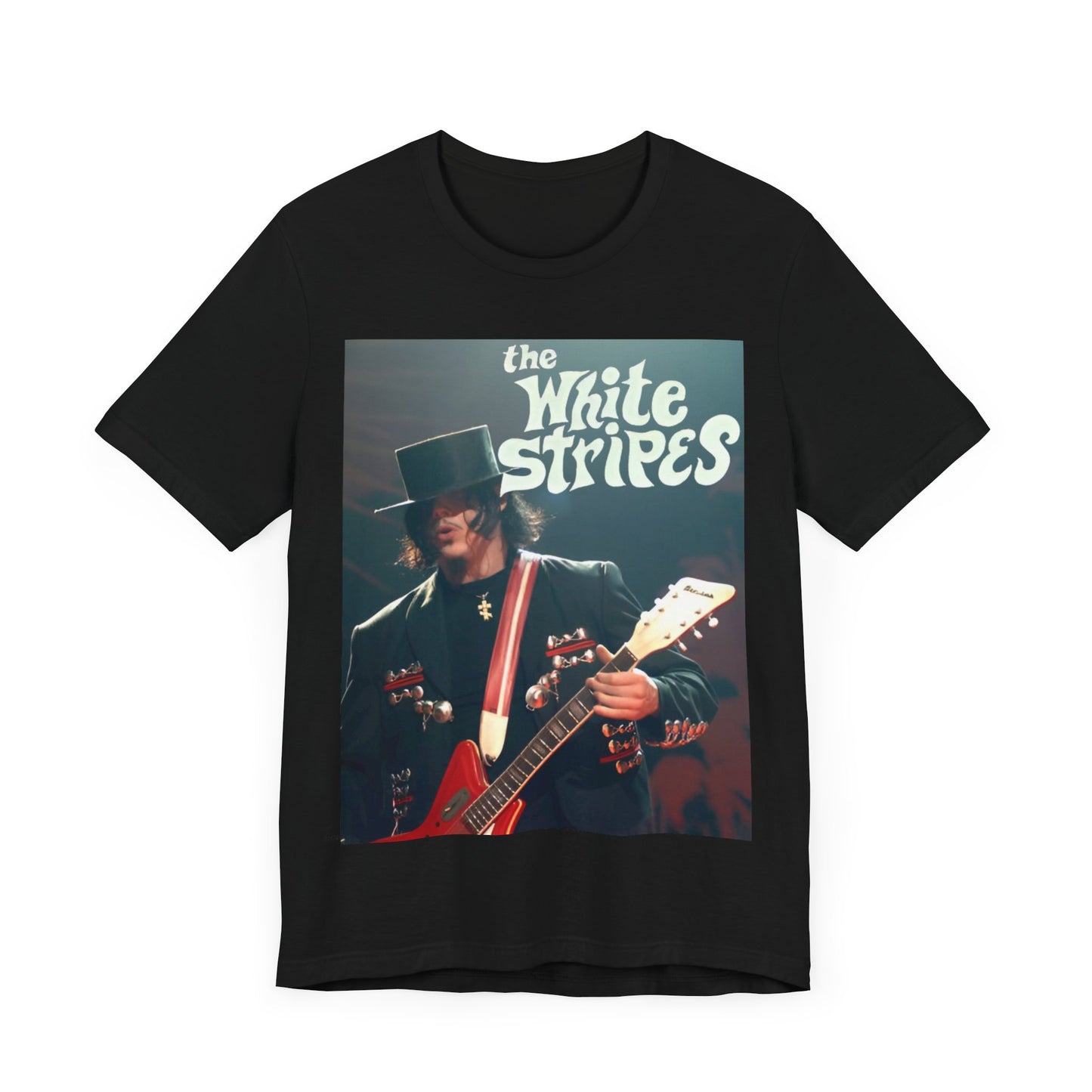 A black graphic t-shirt featuring a graphic of Jack White from The White Stripes as a guitar god.