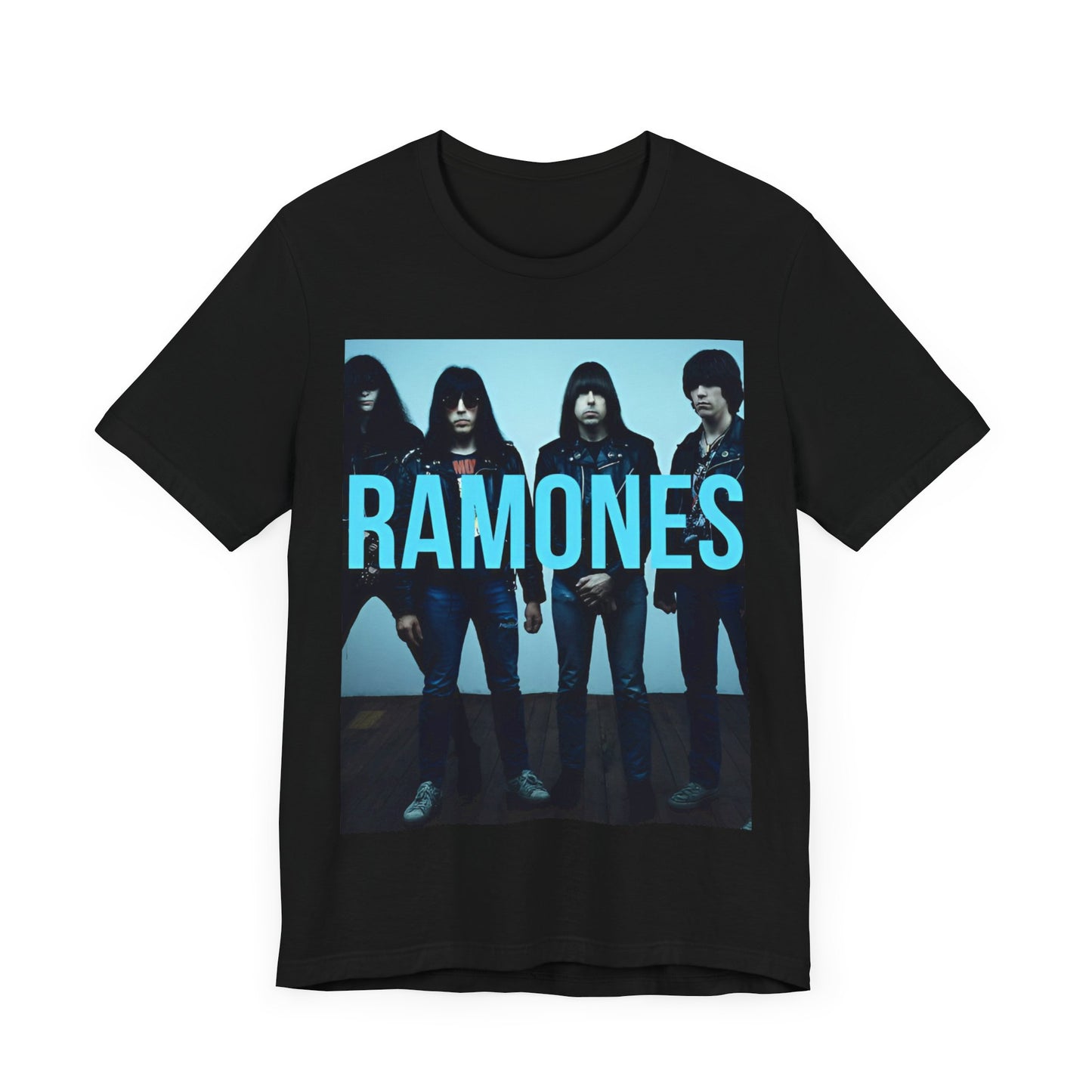 A black graphic t-shirt featuring the album cover art for Ramones' self-titled debut album.