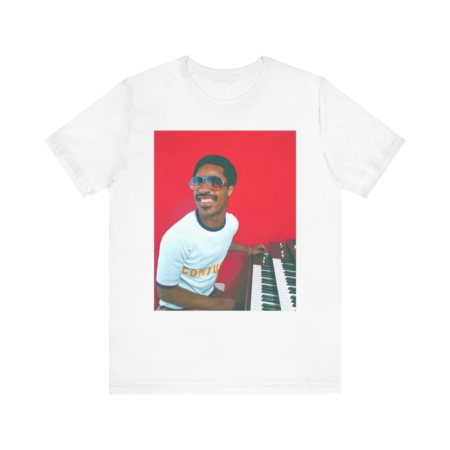 A black graphic t-shirt featuring a graphic of Stevie Wonder with a piano.