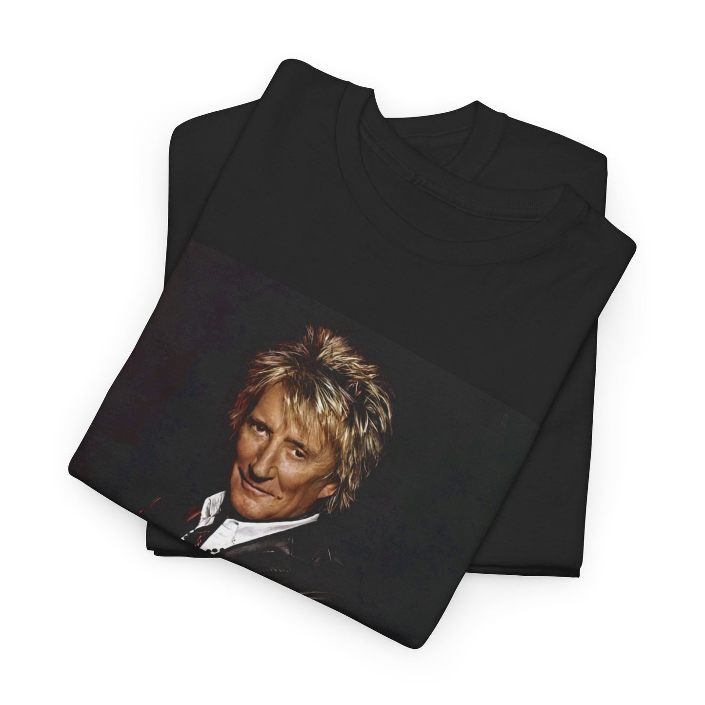 A black graphic t-shirt featuring a signature graphic of Rod Stewart.
