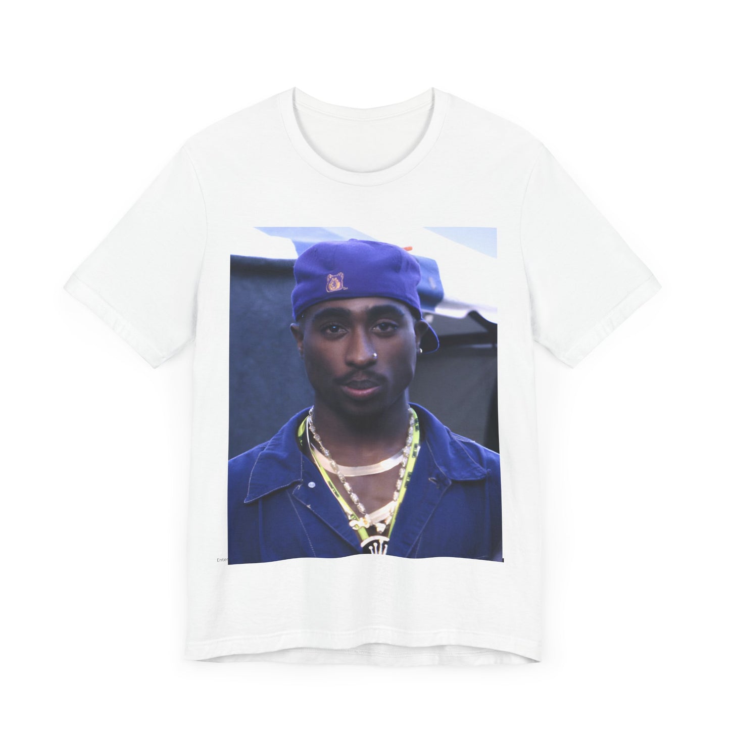 A black graphic t-shirt featuring a graphic related to Tupac's 'California Love' song or era.