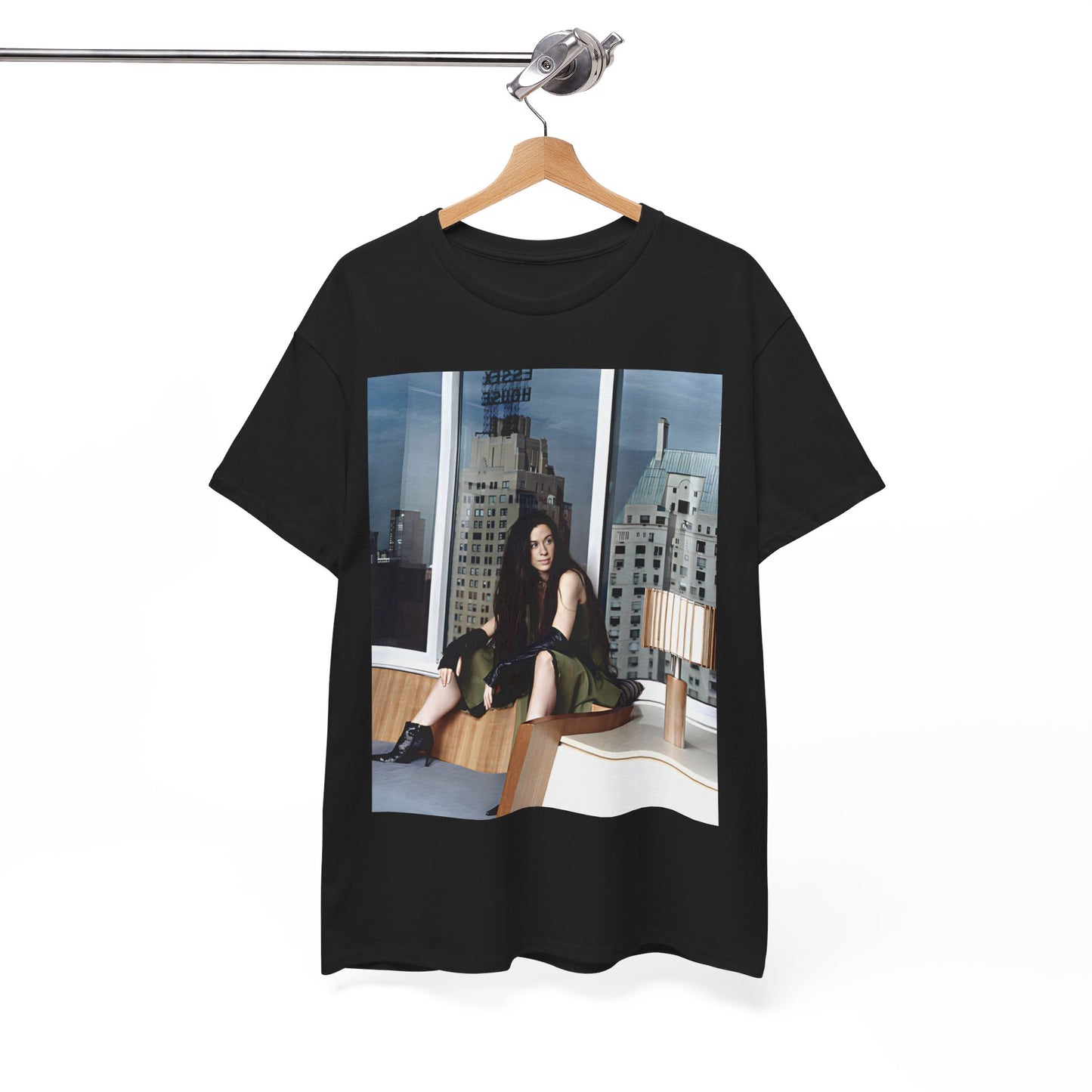 A black graphic t-shirt featuring a photo portrait of Alanis Morissette.