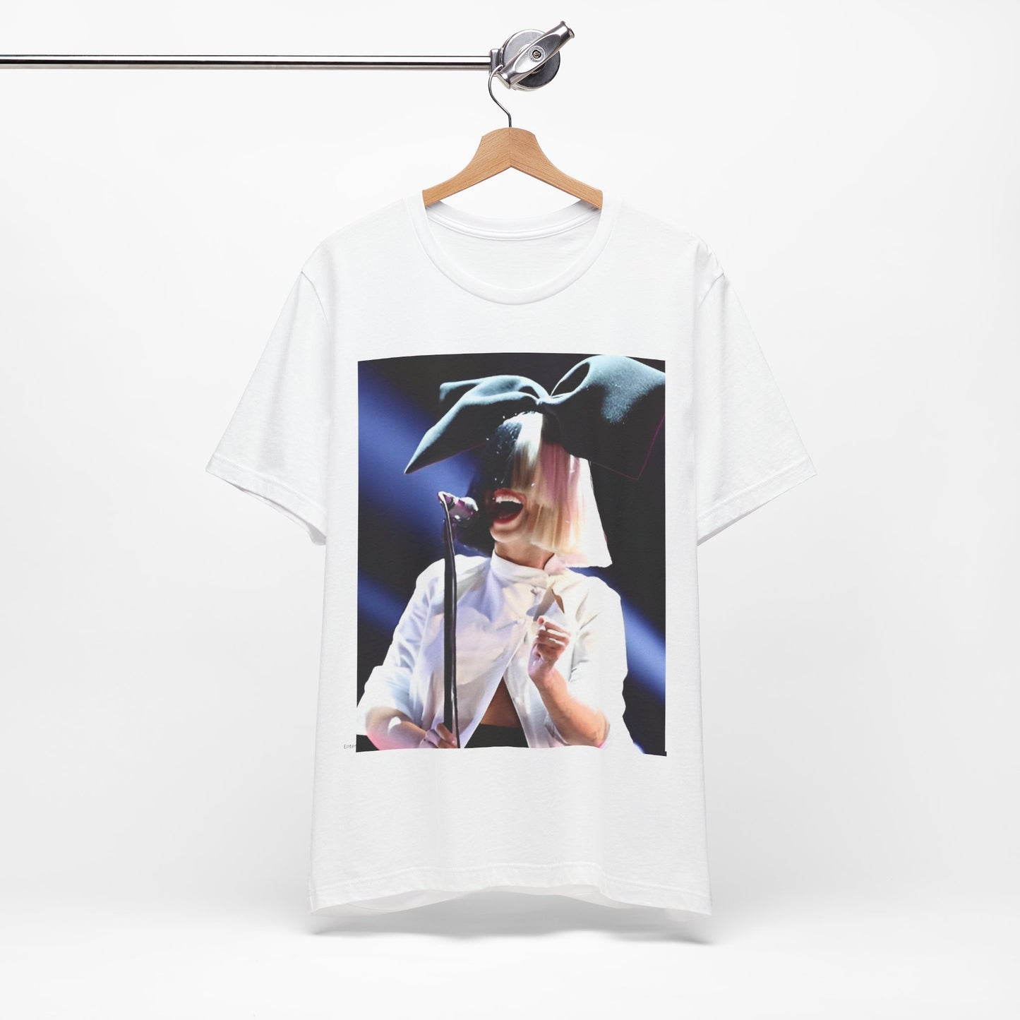 A black graphic t-shirt featuring a graphic related to Sia's 'Elastic Heart' live era.