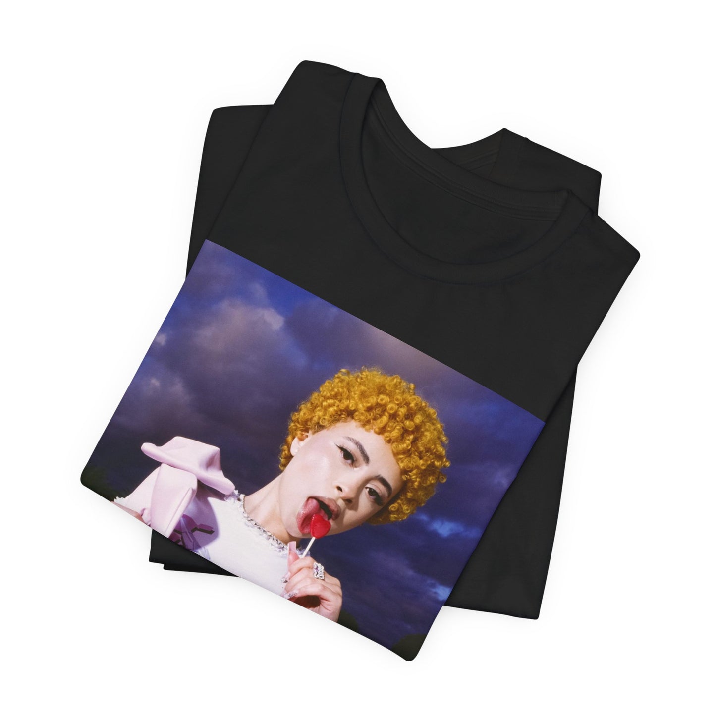 A black graphic t-shirt featuring a boxy rap graphic of Ice Spice with Bronx style elements.