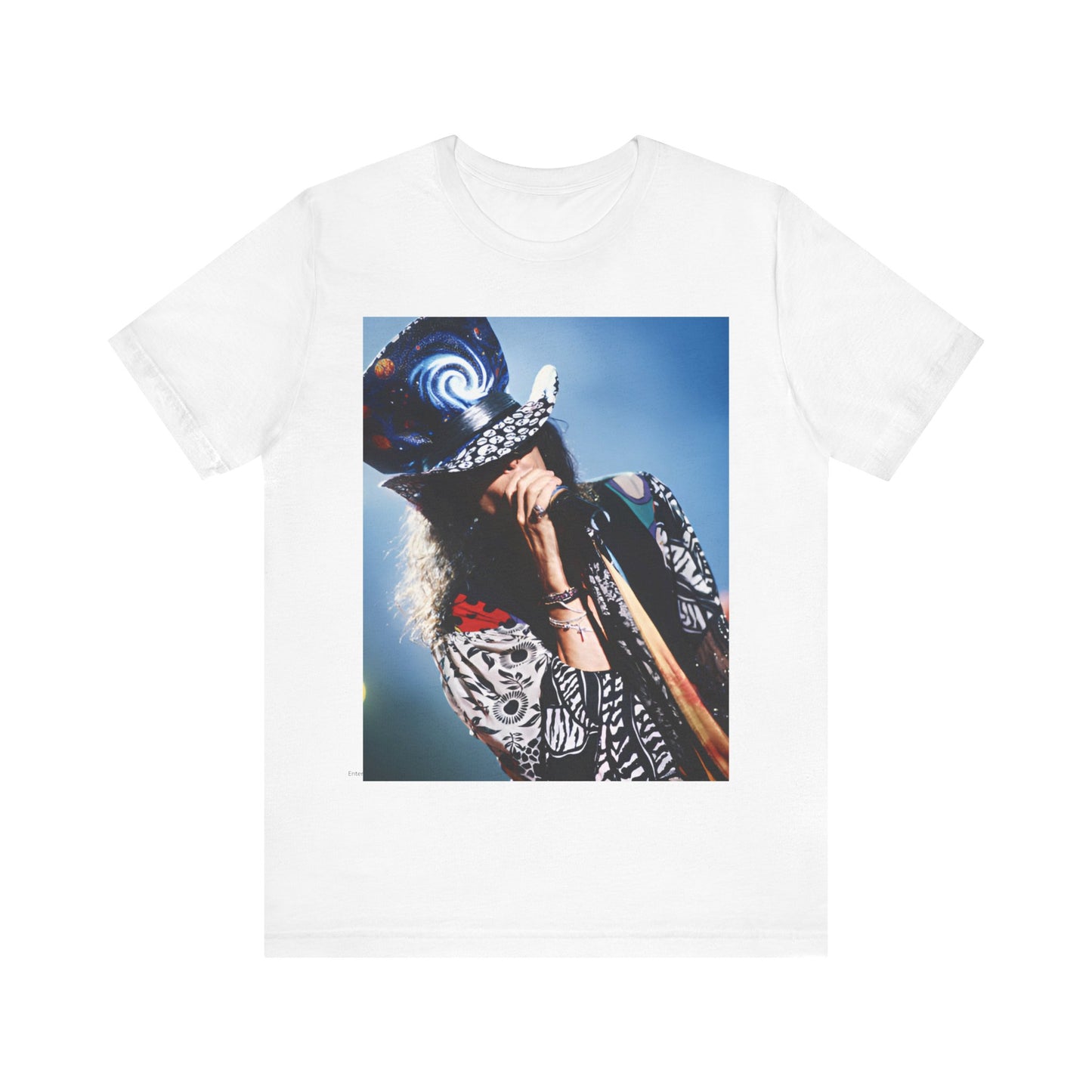 A black graphic t-shirt featuring a vintage 90s photo or illustration of Aerosmith performing live on stage, with band members in dynamic poses.