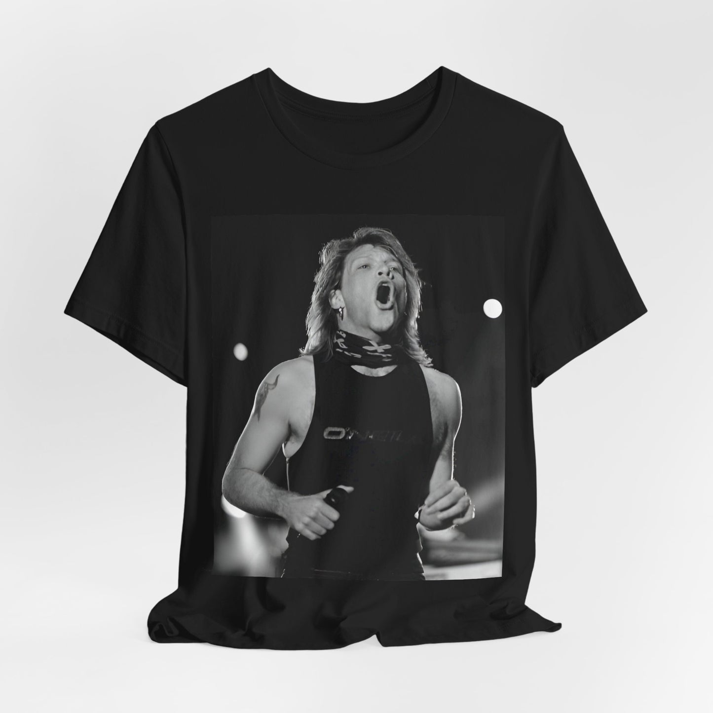 A black graphic t-shirt featuring a black and white iconic graphic or photo of Bon Jovi as superstars.