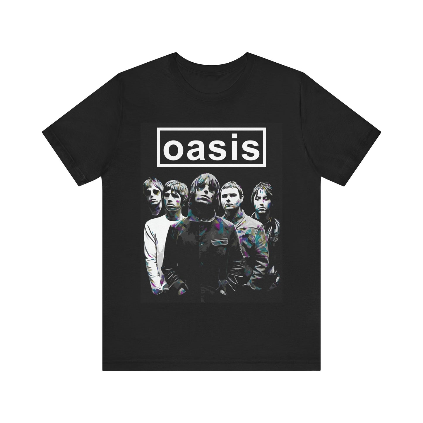 A black graphic t-shirt featuring a retro graphic related to Oasis's 'Definitely Maybe' album era.