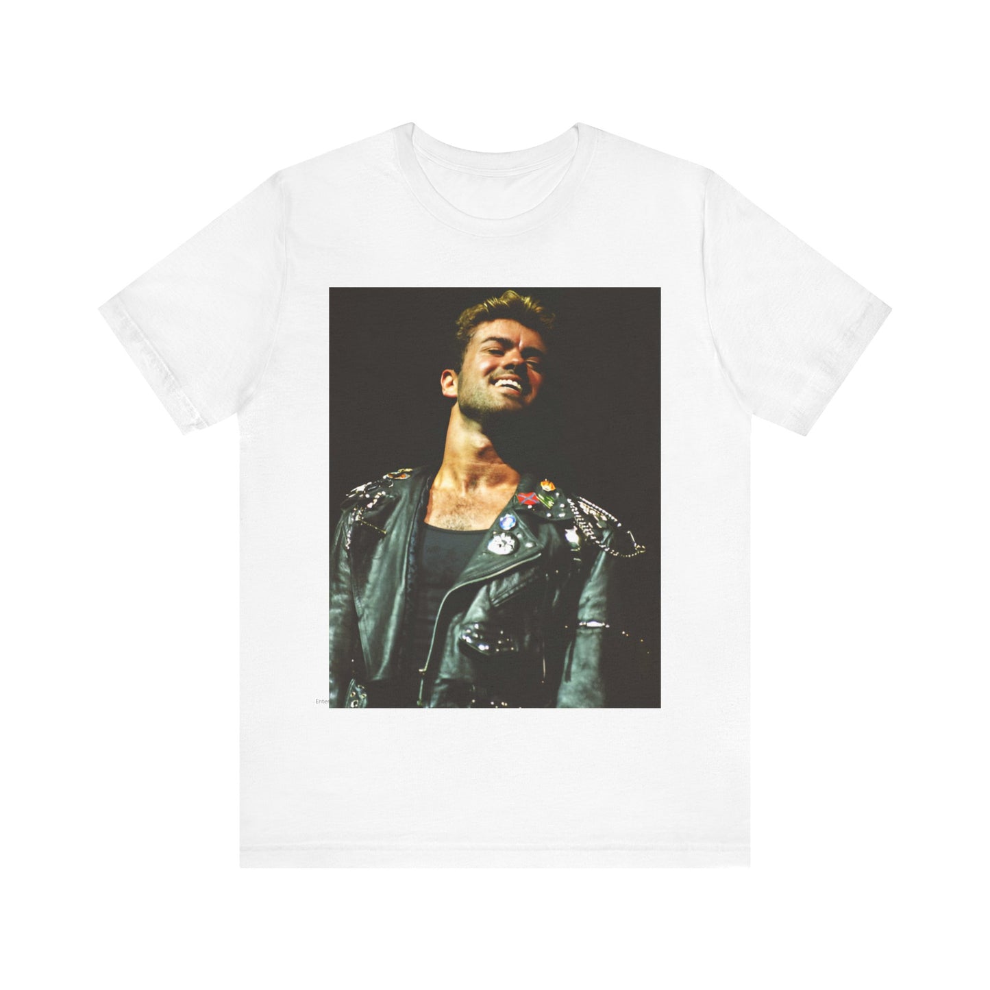 A black graphic t-shirt featuring a graphic related to George Michael's 'Careless Whisper' song or era.