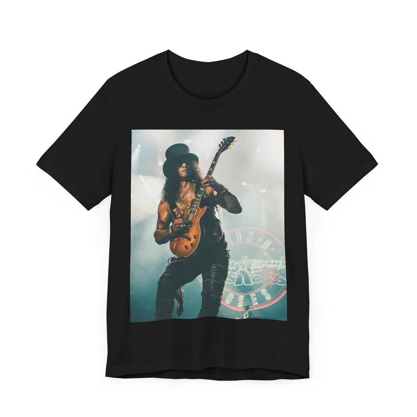 A black graphic t-shirt featuring a graphic of Slash from Guns N' Roses with his iconic top hat and guitar.