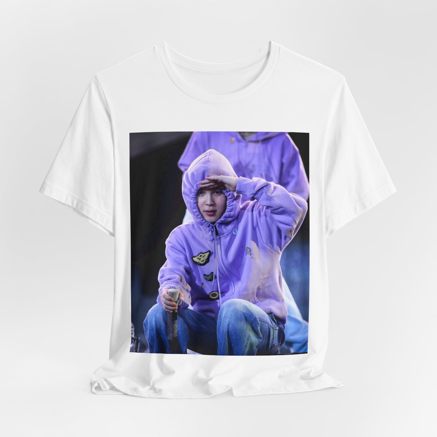 A black graphic t-shirt featuring an authentic live performance graphic of Jimin.