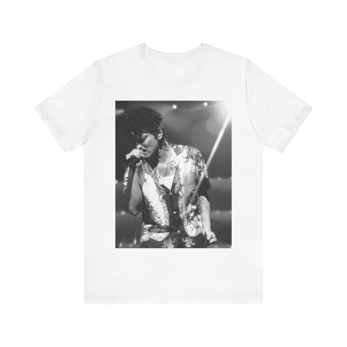 A black graphic t-shirt featuring a retro-style graphic of Bruno Mars as a soul icon.