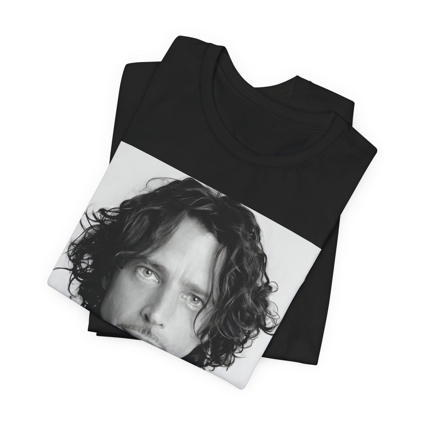 A black graphic t-shirt featuring a timeless black and white photo portrait of Chris Cornell.