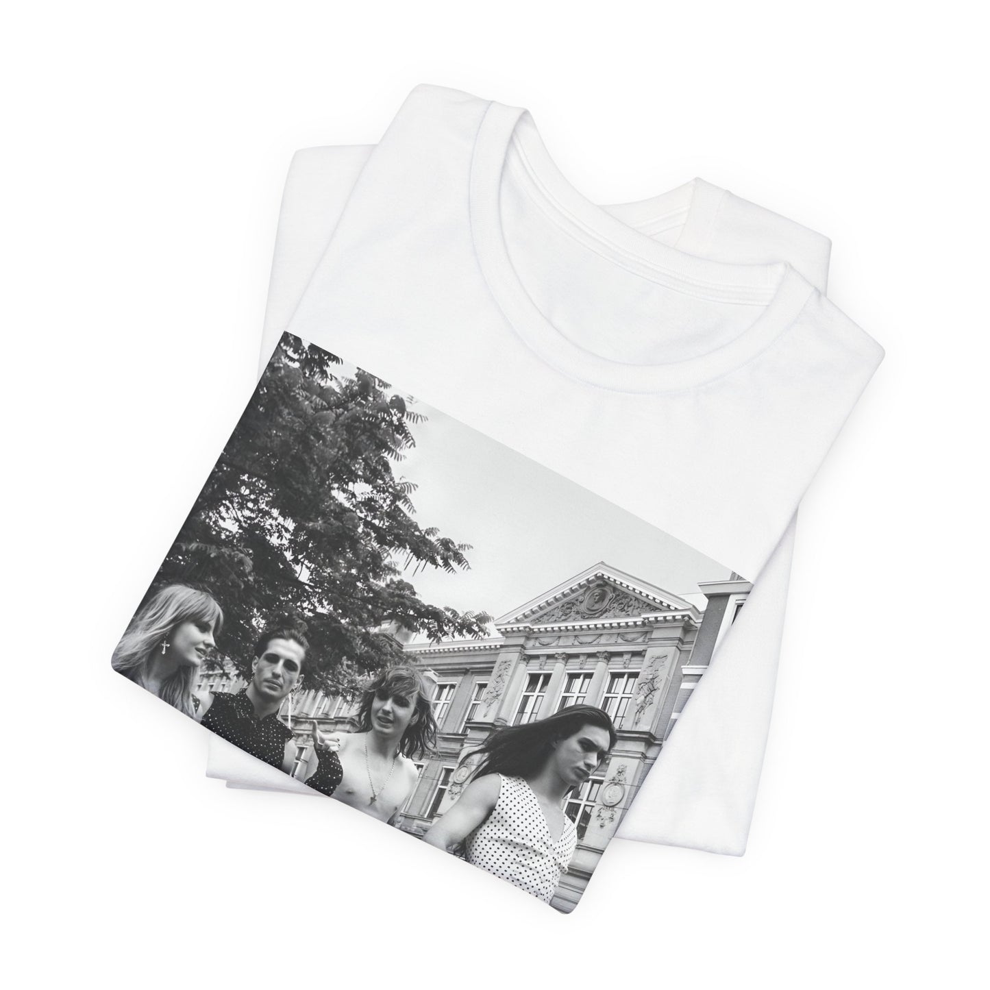 A black graphic t-shirt featuring a retro black and white monochrome graphic or photo of Maneskin.