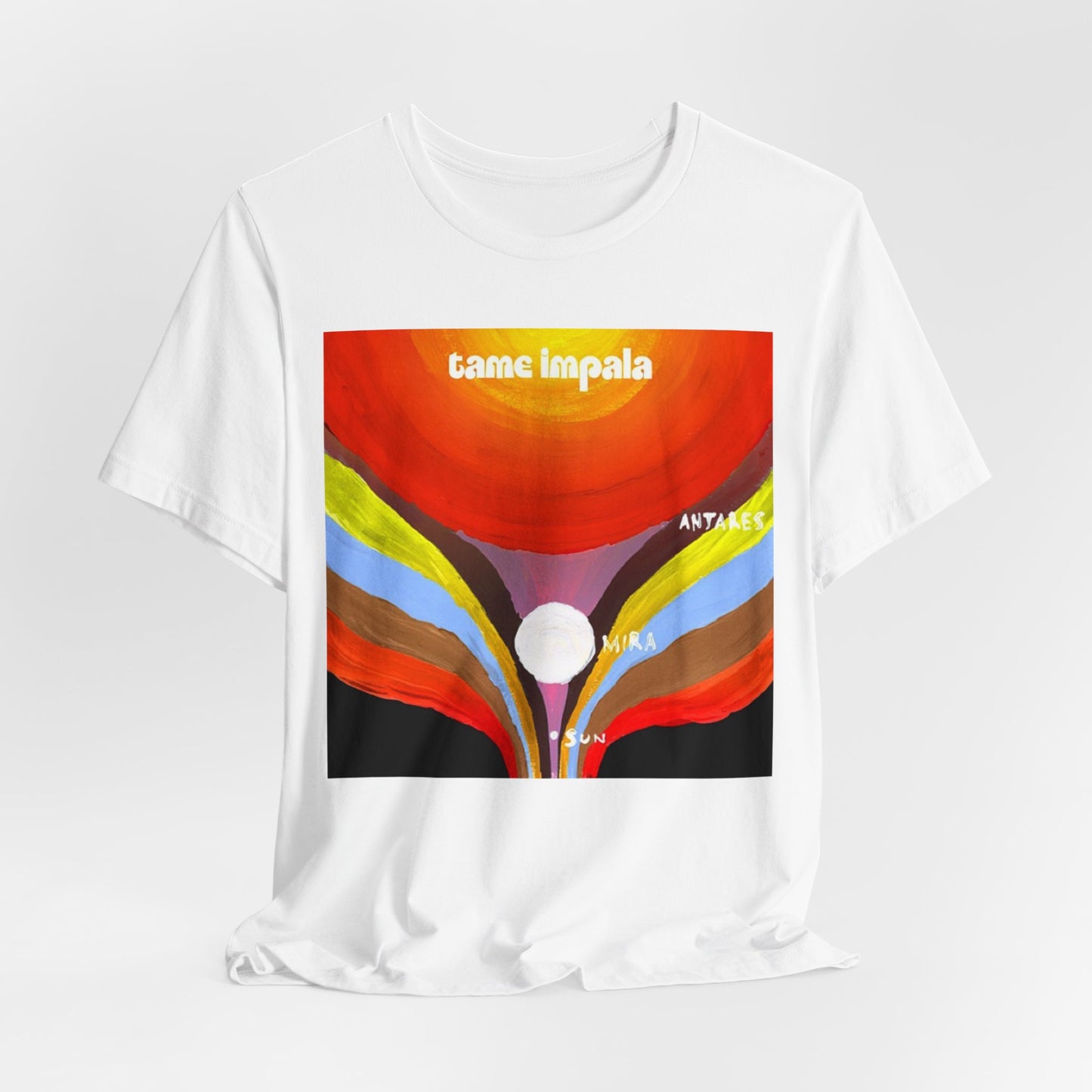 A black graphic t-shirt featuring a graphic inspired by Tame Impala's albums.