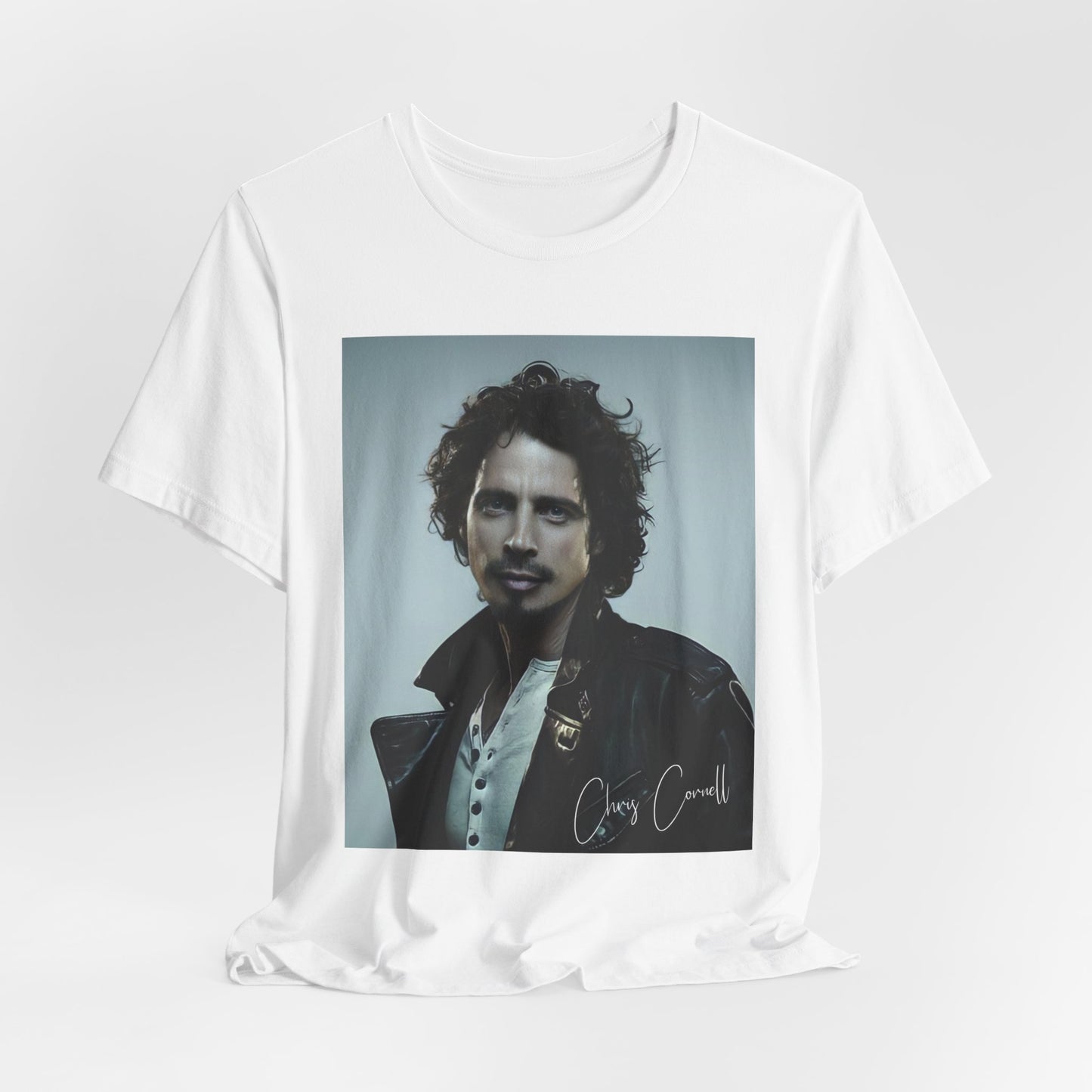 A black graphic t-shirt featuring a graphic related to Chris Cornell's song 'Like a Stone'.