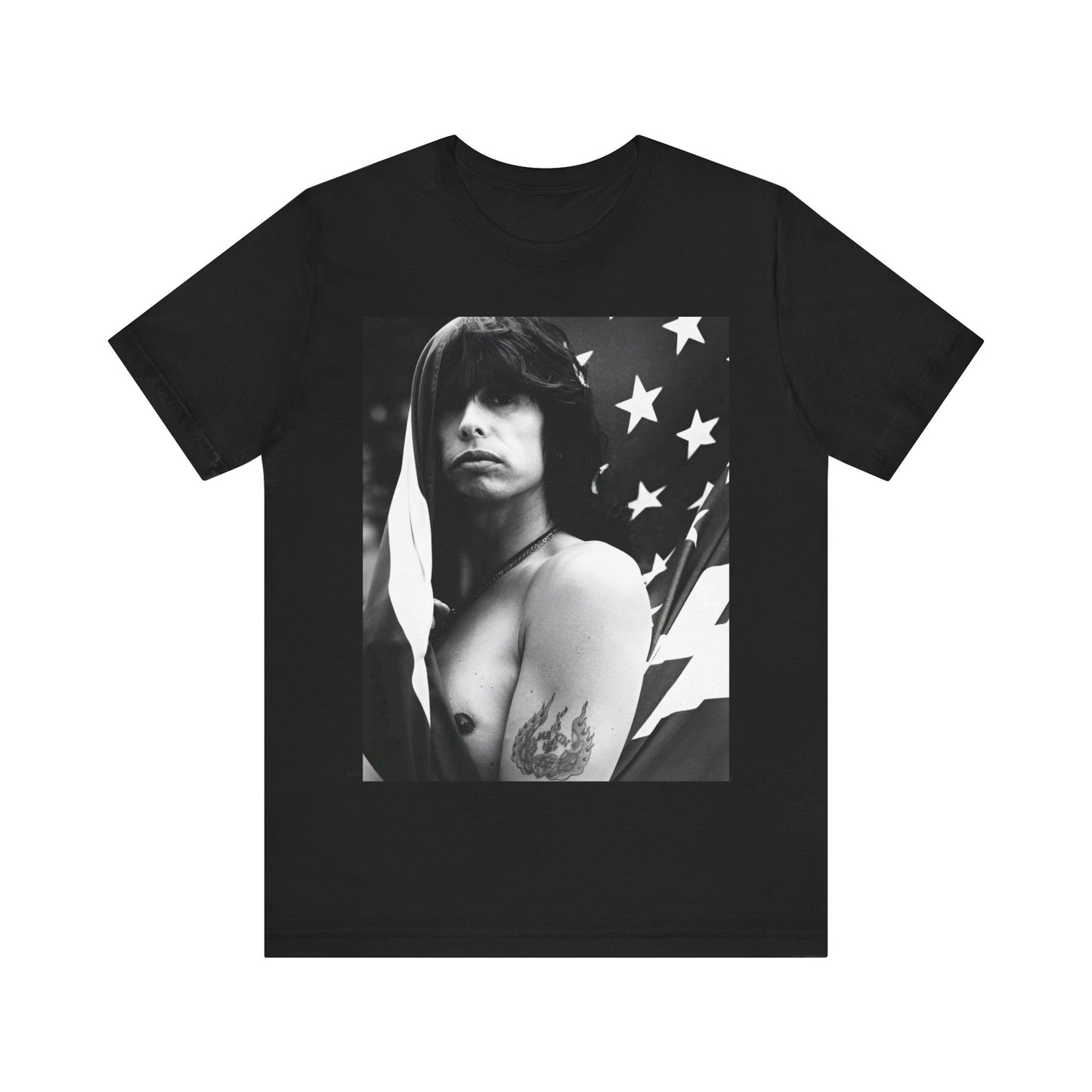 A black graphic t-shirt featuring a retro 70s-style illustration or photo of Aerosmith, integrated with elements of the American flag.