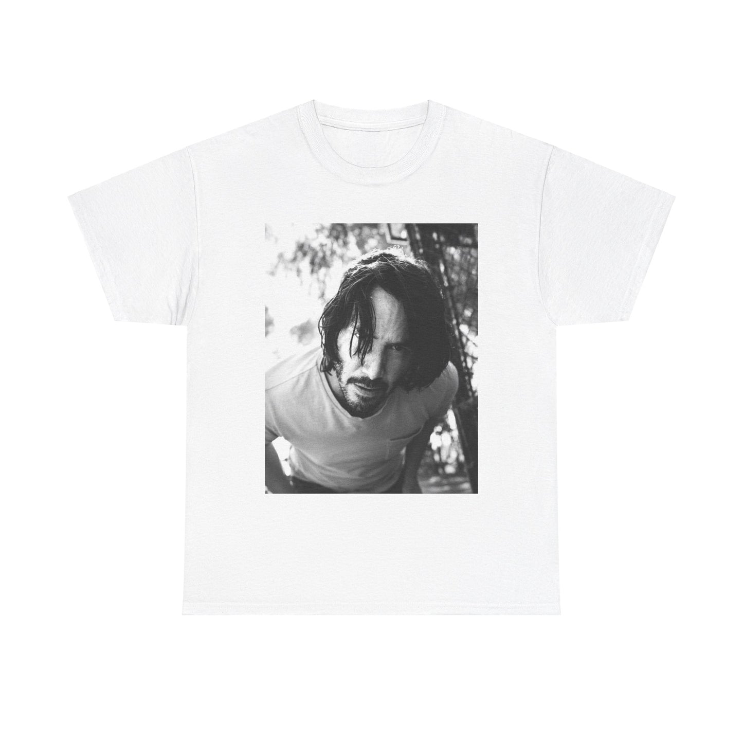 A black graphic t-shirt featuring a graphic of Keanu Reeves with authentic chill vibes.