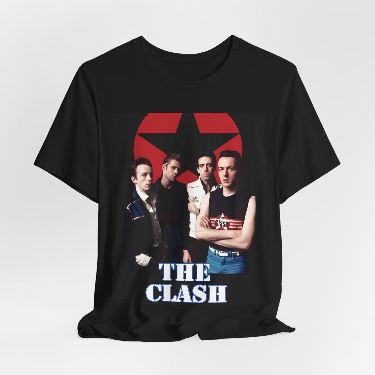 A black graphic t-shirt featuring a graphic related to The Clash's 'Should I Stay or Should I Go' song or era.