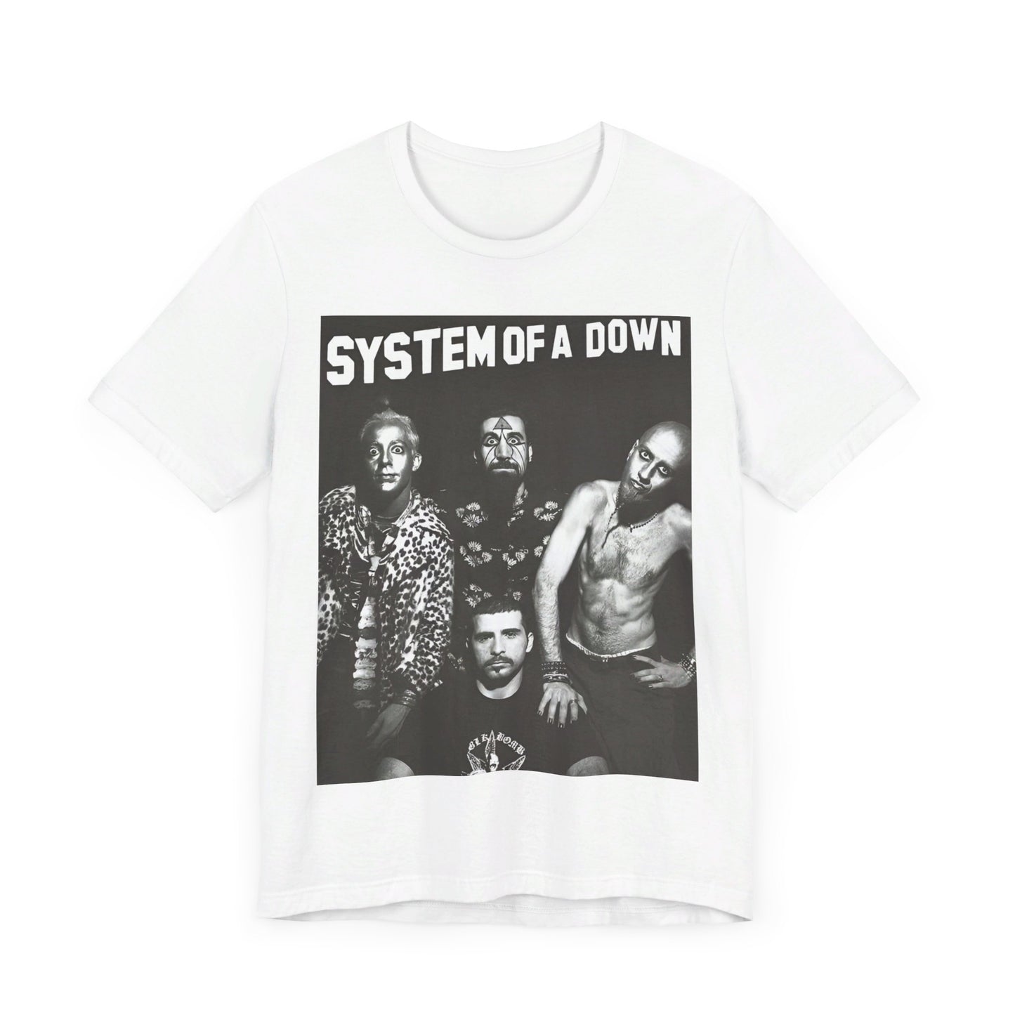 A black graphic t-shirt featuring a black and white graphic related to System of a Down's 'Chop Suey!' song or era.