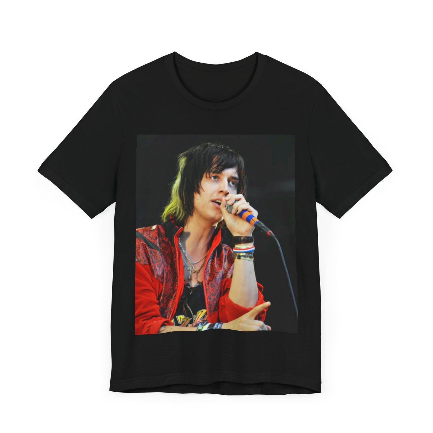 A black graphic t-shirt featuring a vintage indie rock graphic of The Strokes.
