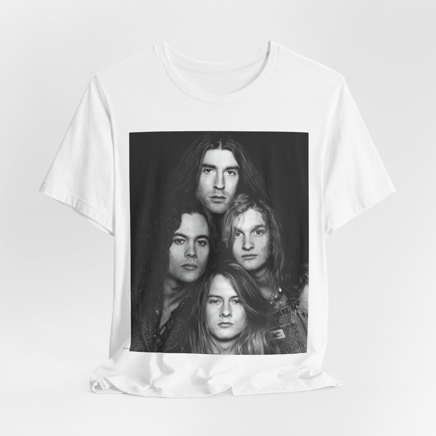 A black graphic t-shirt featuring a black and white graphic related to Alice In Chains' 90s 'Facelift' album era, possibly with band members in a stylized design.