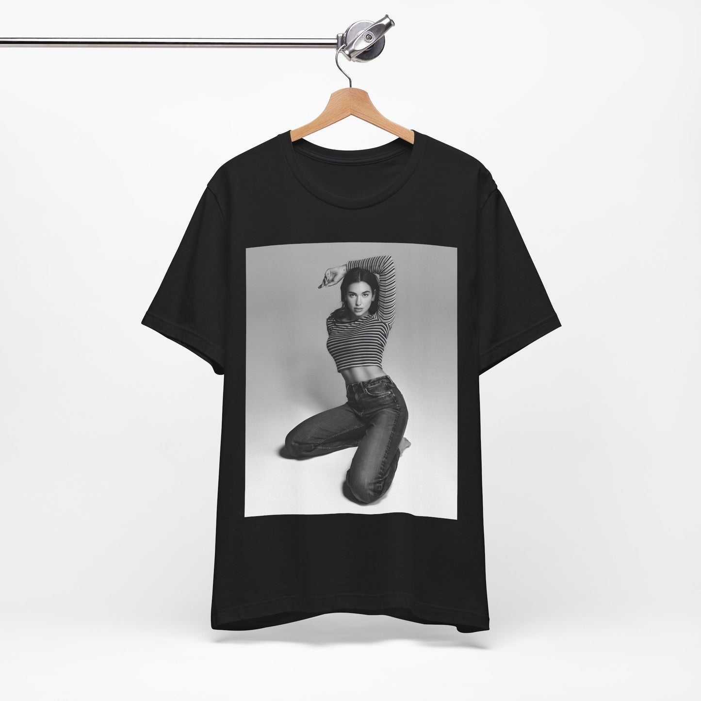 A black graphic t-shirt featuring a black and white photo of Dua Lipa in a posed manner.