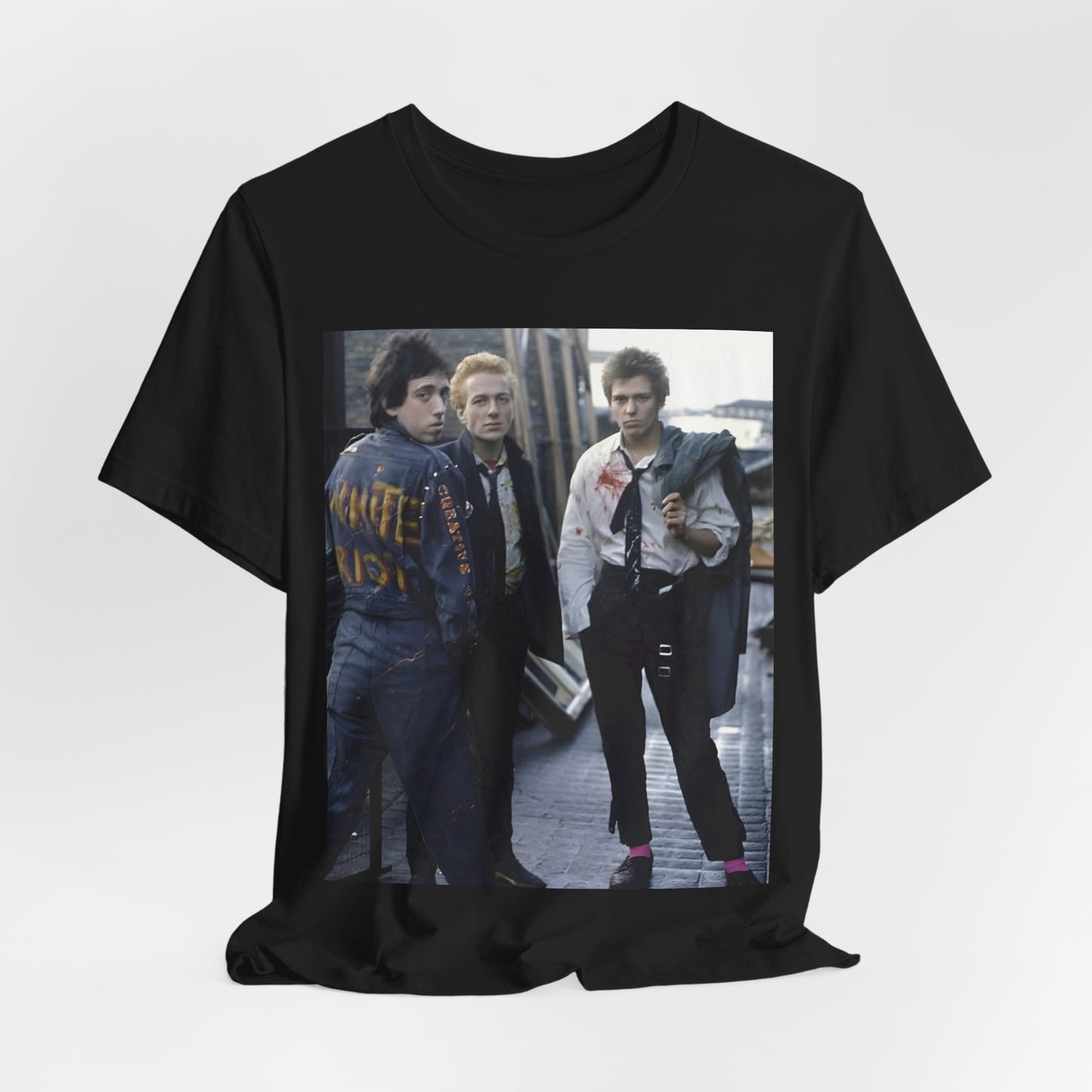 A black graphic t-shirt featuring a graphic of The Clash with a fearless attitude.