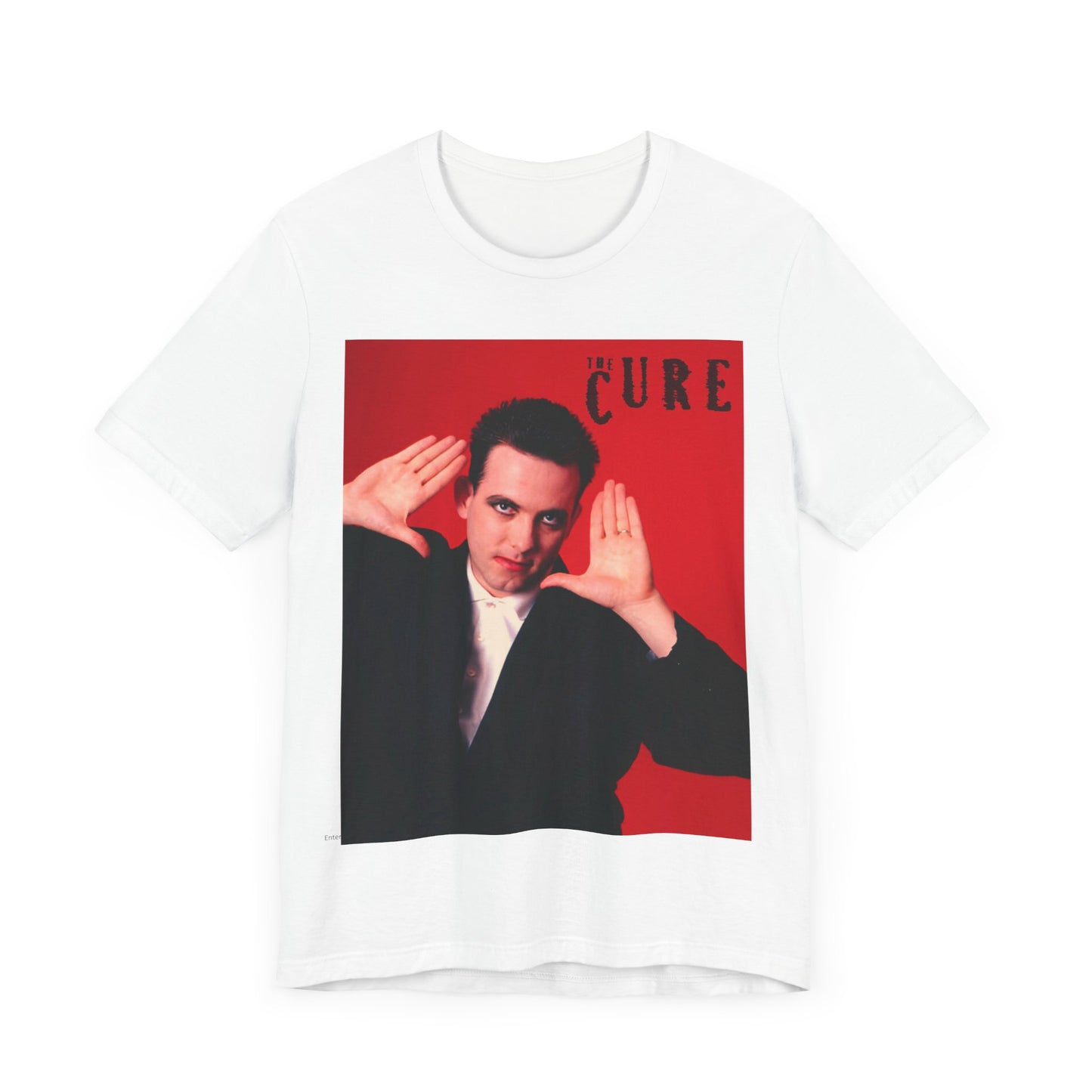 A black graphic t-shirt featuring a graphic of Robert Smith from The Cure in his authentic style.