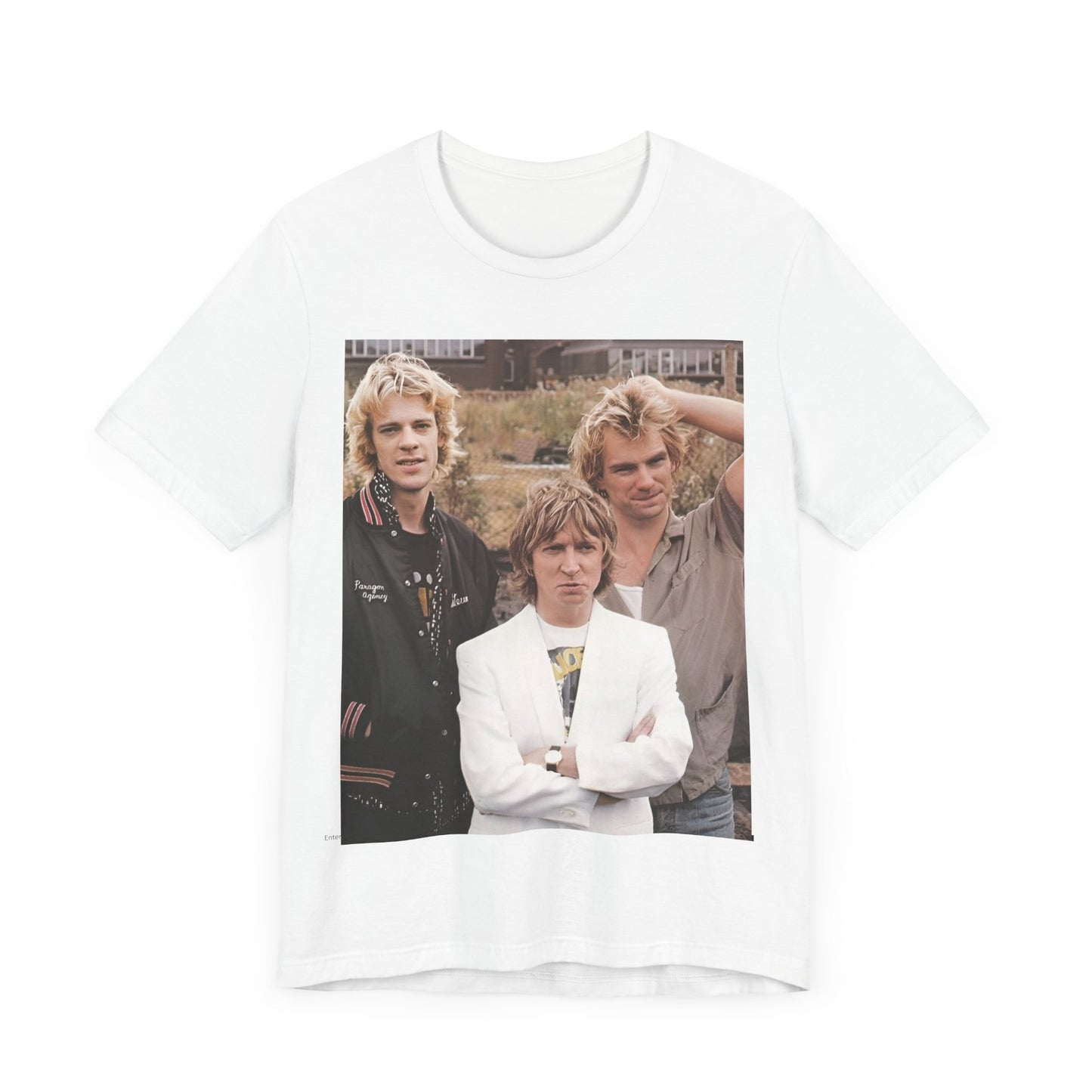 A black graphic t-shirt featuring a graphic of The Police as a timeless three-piece band.