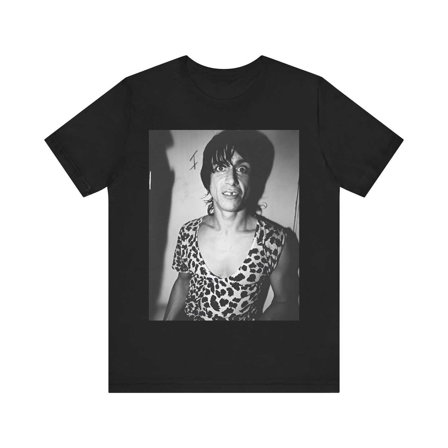 A black graphic t-shirt featuring a graphic of Iggy Pop and The Stooges in a punk style.