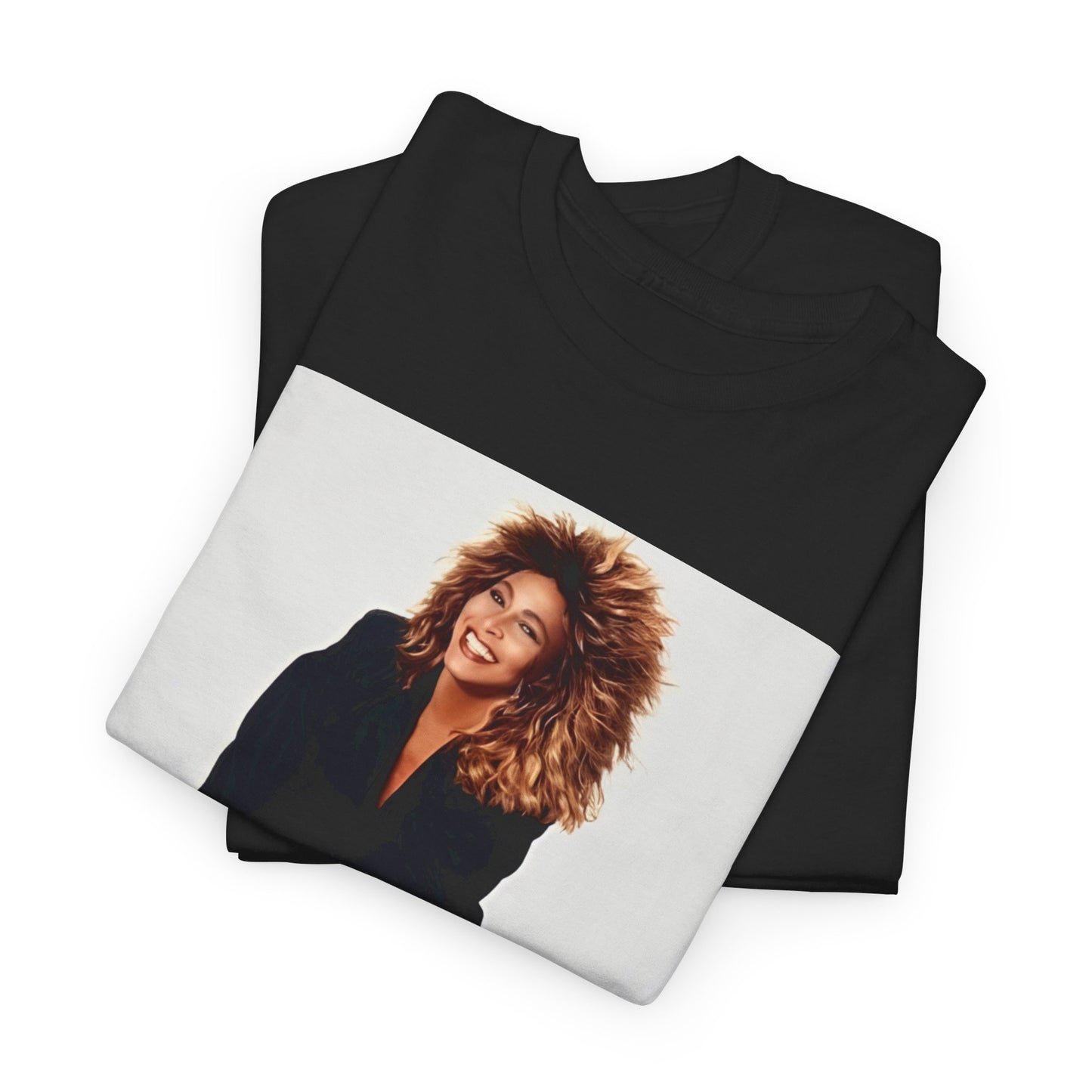 A black graphic t-shirt featuring a graphic of Tina Turner as a Rock and Roll Hall of Famer.