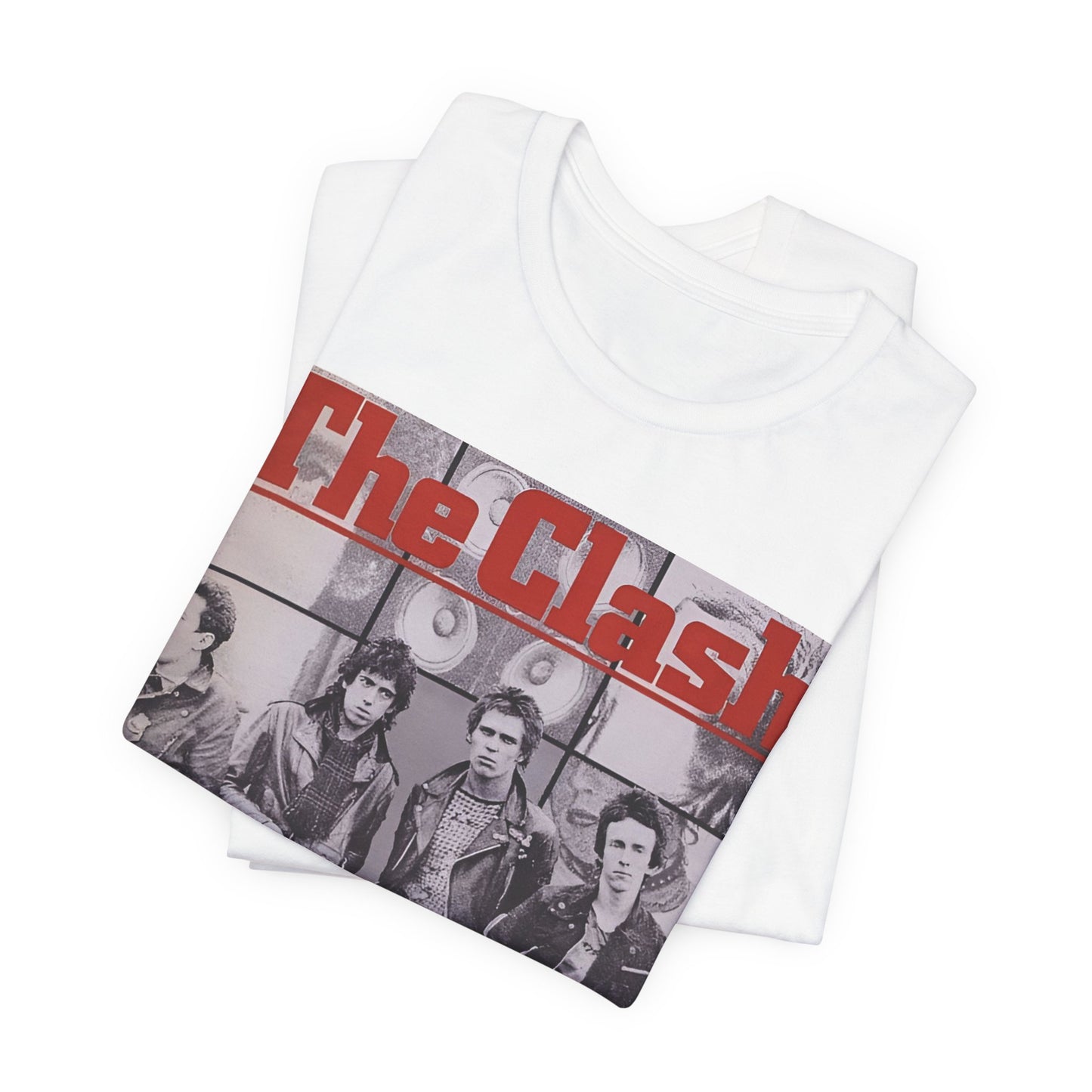 A black graphic t-shirt featuring a 70s retro punk superstar graphic of The Clash.