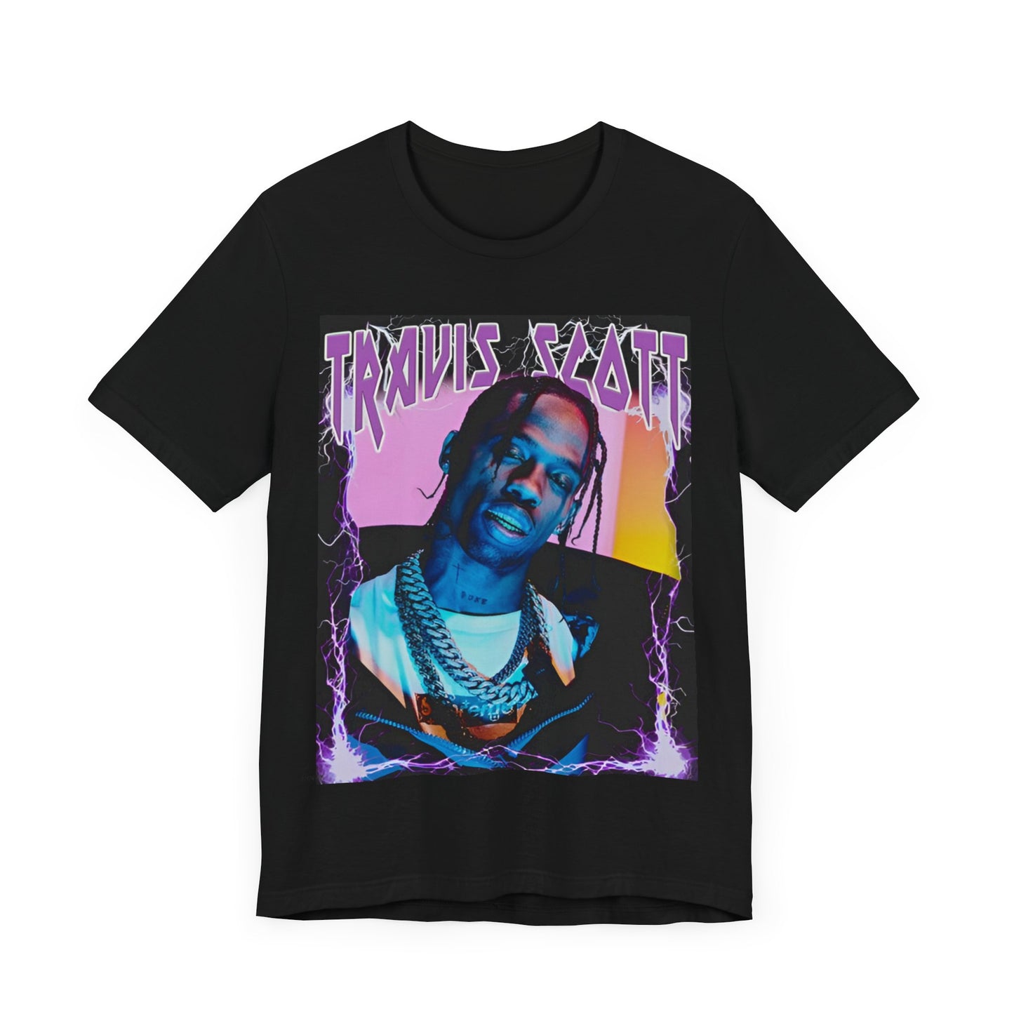 A black graphic t-shirt featuring a retro bootleg graphic of Travis Scott.
