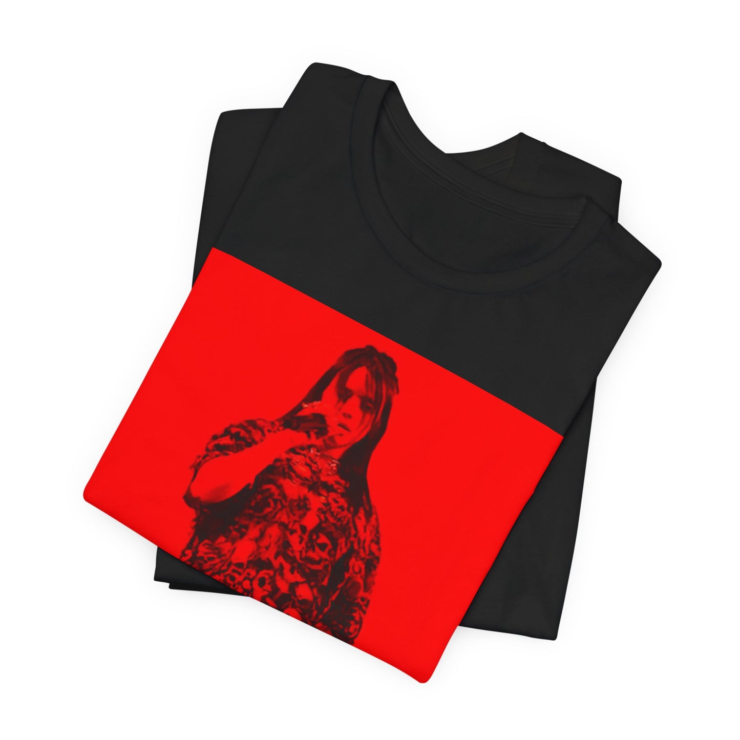 A portrait of Billie Eilish with platinum blonde hair from her 'Happier Than Ever' era, looking over her shoulder, printed on a graphic t-shirt.