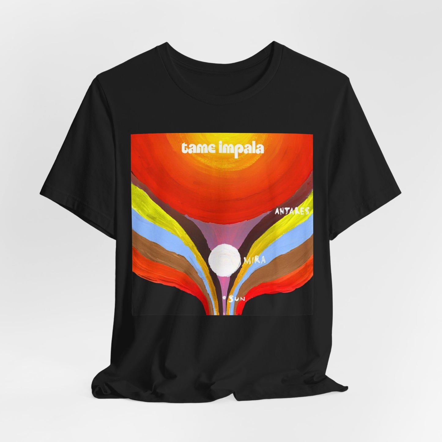 A black graphic t-shirt featuring a graphic inspired by Tame Impala's albums.