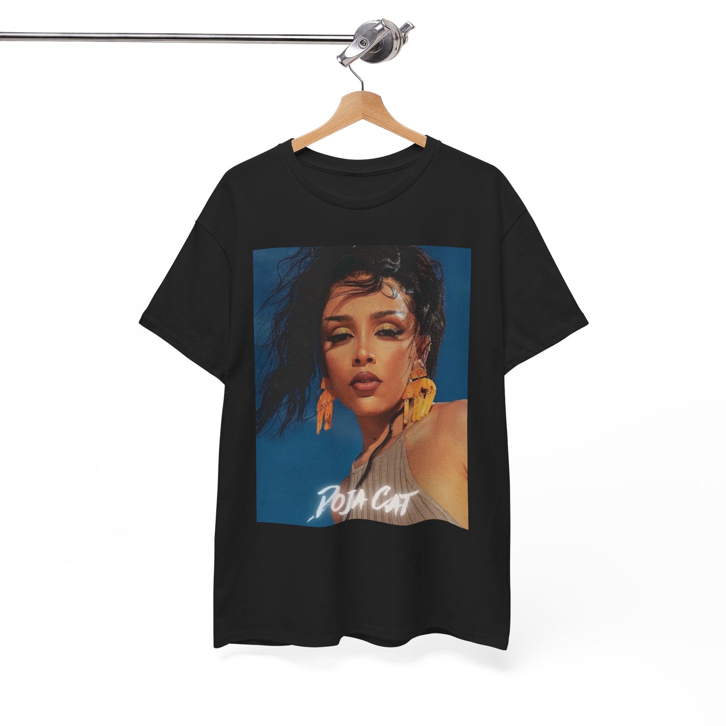 A black graphic t-shirt featuring a graphic of Doja Cat, evoking her 'Streets' era aesthetic.
