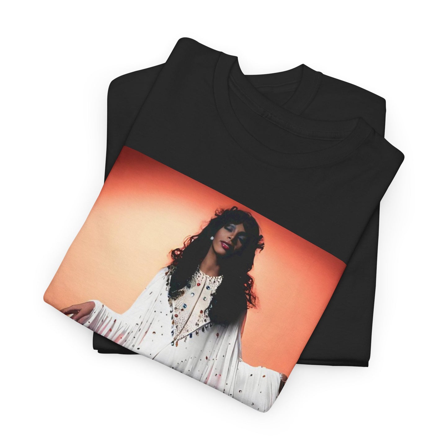 A black graphic t-shirt featuring a classic 70s disco graphic of Donna Summer.