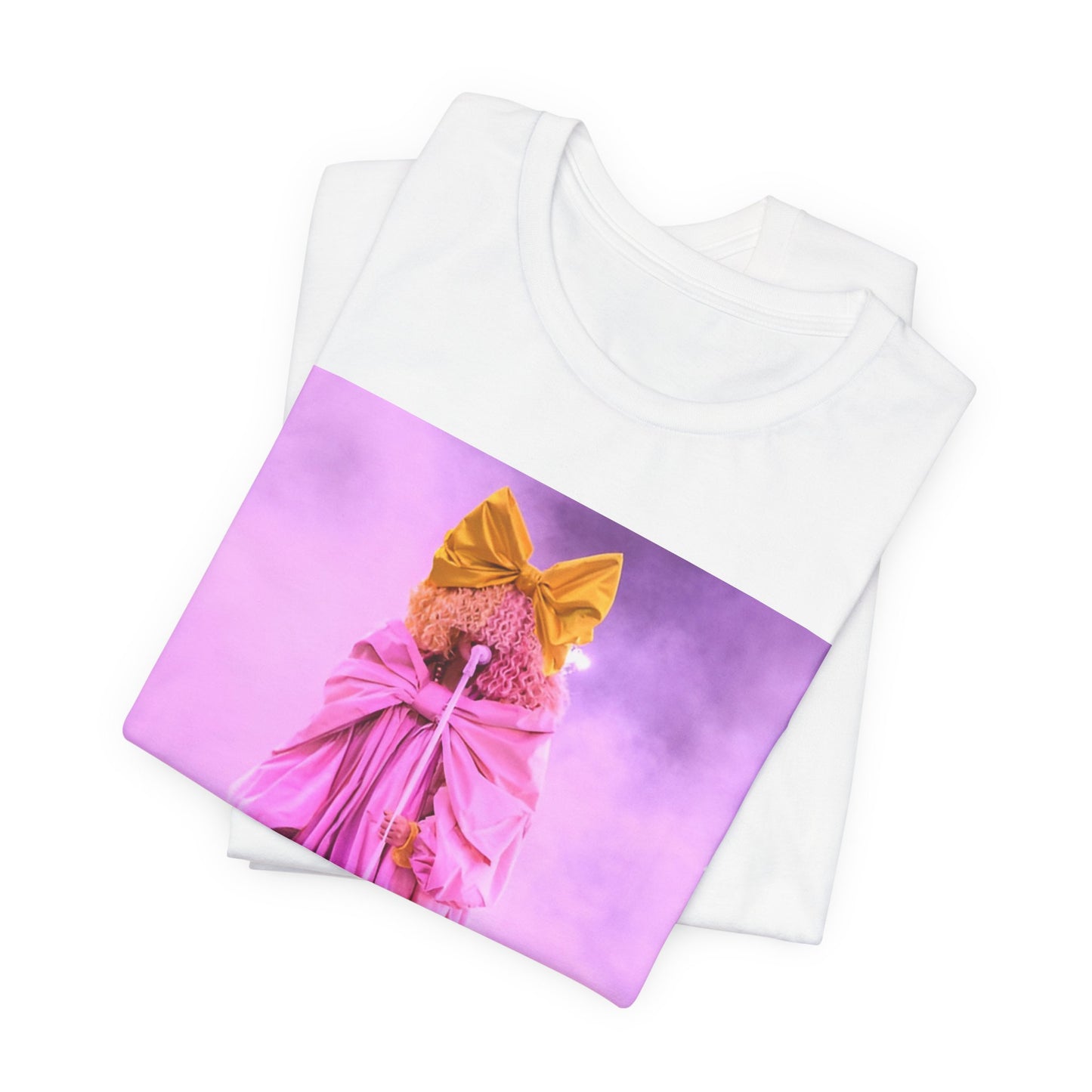 A black graphic t-shirt featuring a graphic related to Sia's 'Chandelier' song or live era.