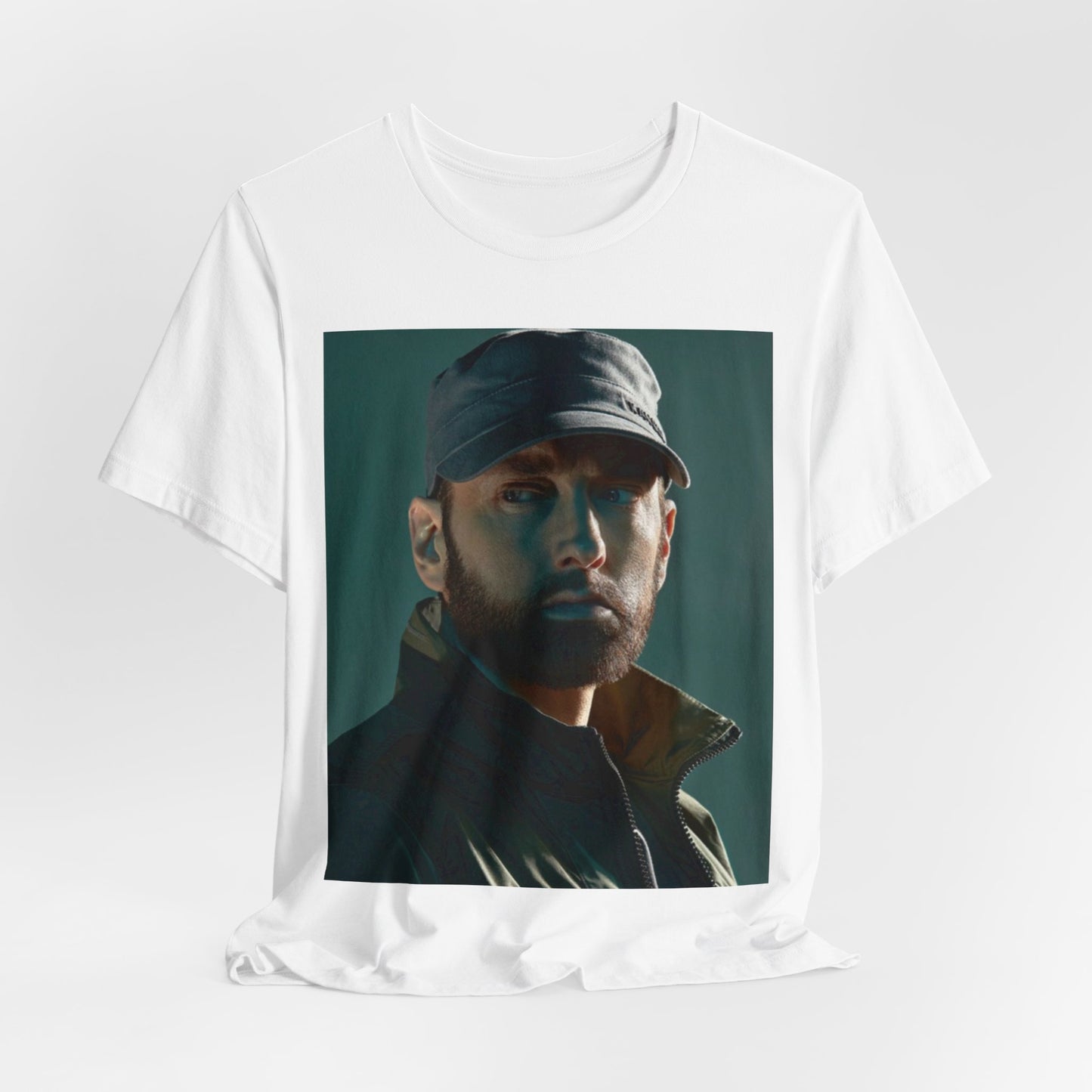 A black graphic t-shirt featuring a graphic of Eminem as a rap genius.