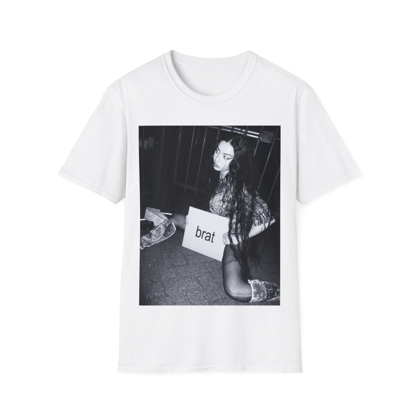 A black graphic t-shirt featuring a graphic related to Charli XCX's 'Brat' album.