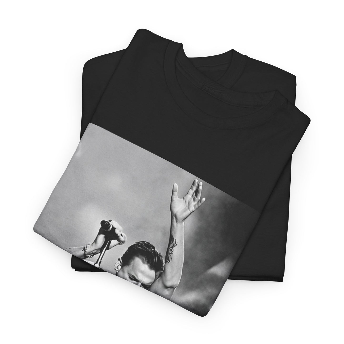 A black graphic t-shirt featuring a graphic or photo of Depeche Mode performing live on stage from the 'Personal Jesus' era.