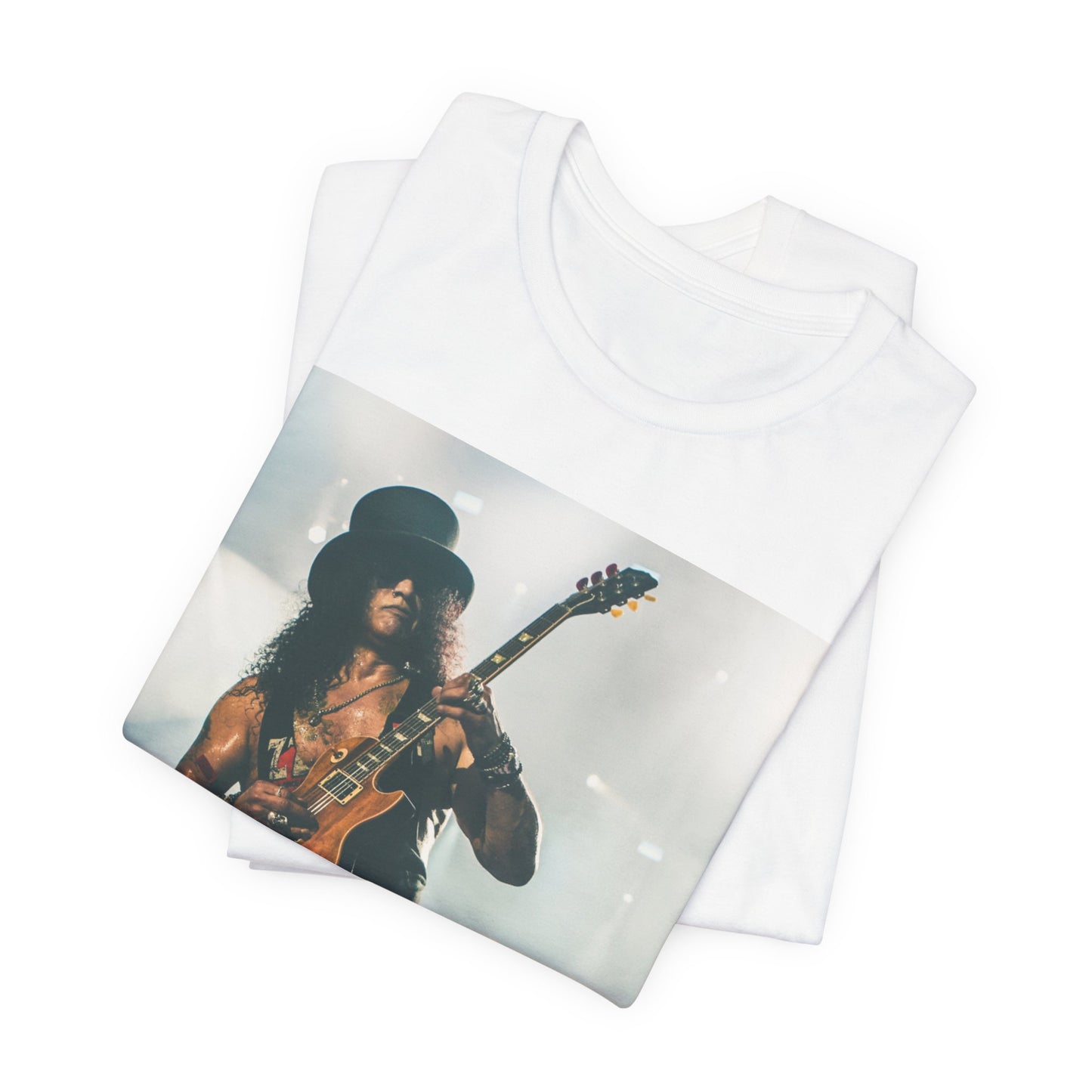 A black graphic t-shirt featuring a graphic of Slash from Guns N' Roses with his iconic top hat and guitar.