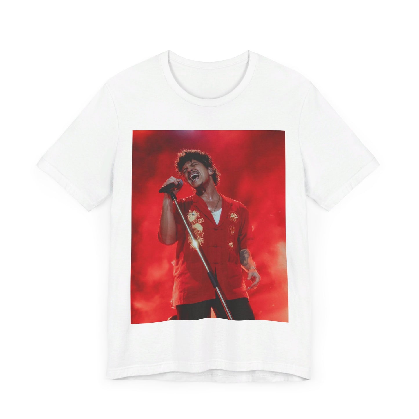 A black graphic t-shirt featuring a graphic related to Bruno Mars' 'Grenade' song or era.