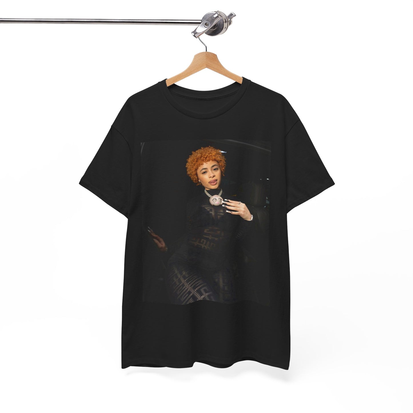 A black graphic t-shirt featuring a graphic of Ice Spice with her classic curly red hair, designed with an aesthetic style.