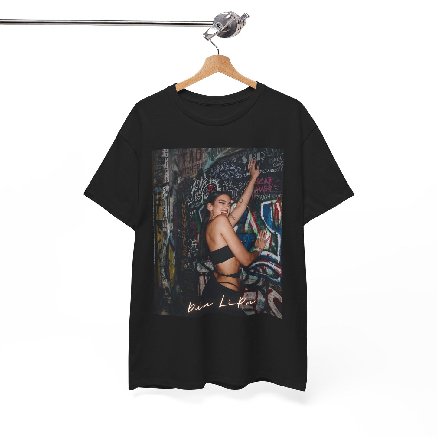 A black graphic t-shirt featuring a retro graphic inspired by Dua Lipa's "Future Nostalgia" album.