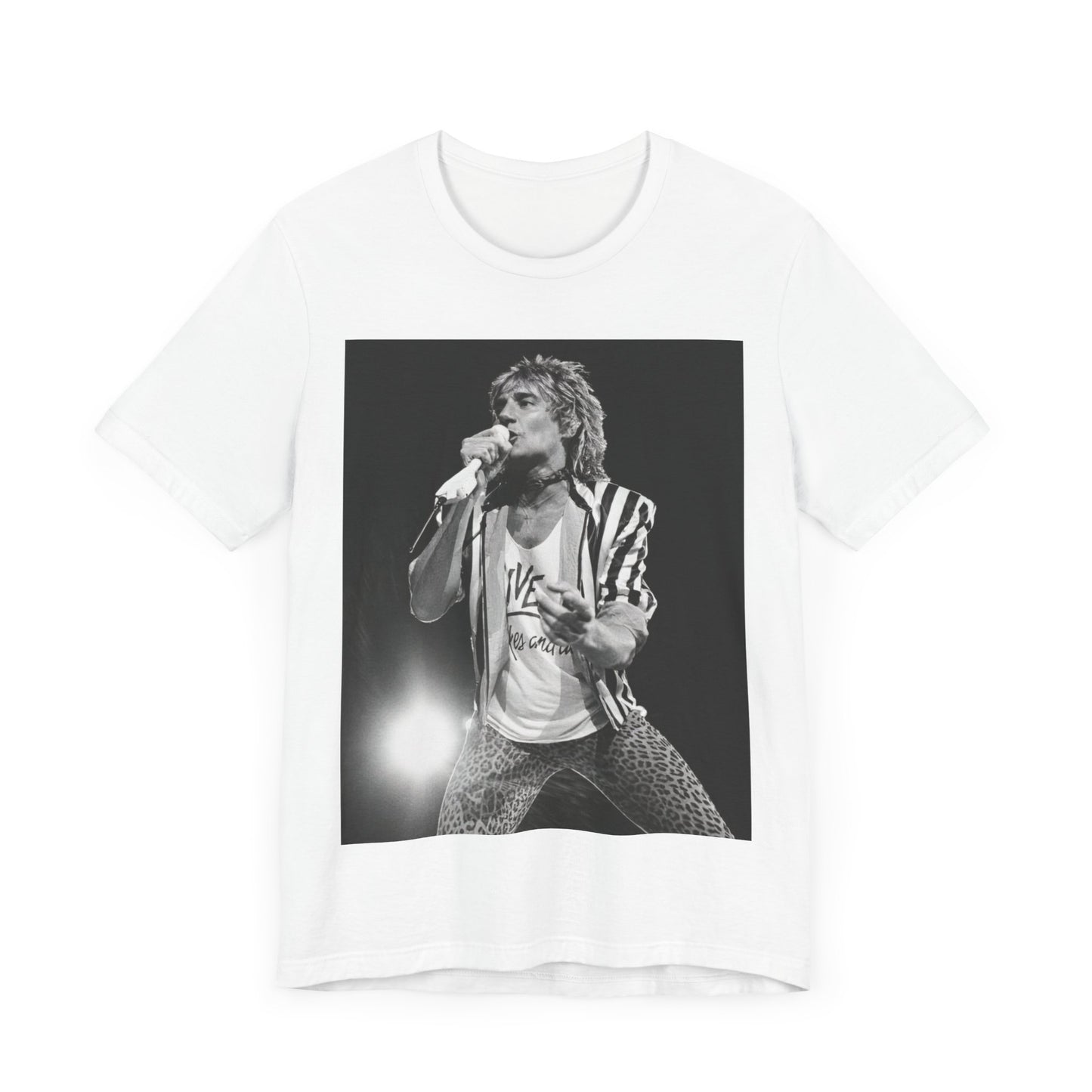 A black graphic t-shirt featuring a black and white portrait photo of Rod Stewart.